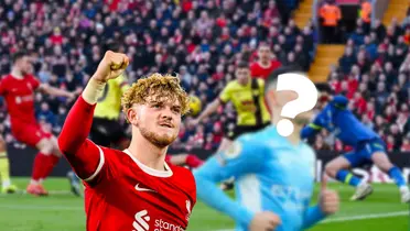 Harvey Elliott celebrating and an unknown Manchester City player