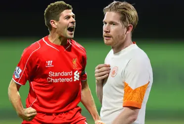 Kevin de Bruyne discouraged and Steven Gerrard celebrating a goal