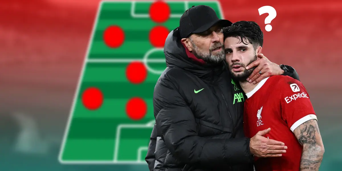 Klopp hugging Dominik Szoboszlai and a Reds lineup