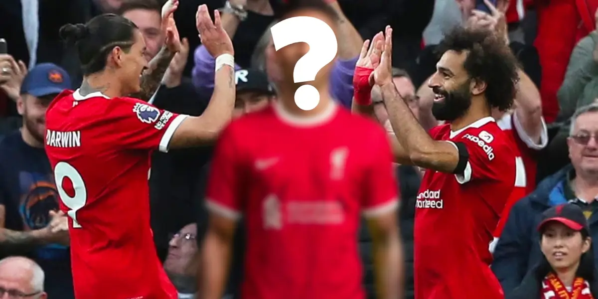 Salah and Nuñez celebrating and an unknown player