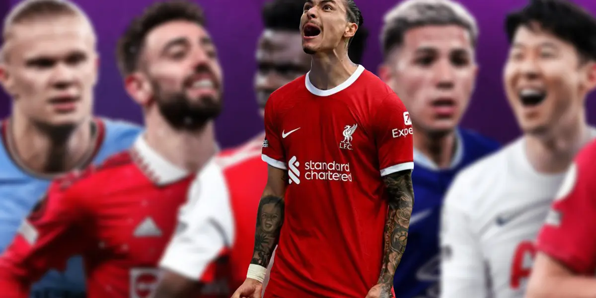 several Premier League players and Darwin Nunez celebrating a goal