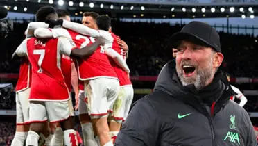 The Arsenal team celebrating and Klopp very mocking